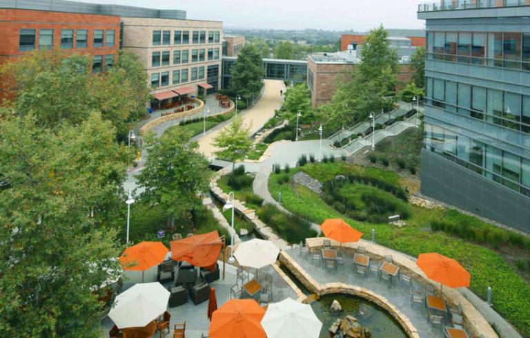 A cafe with a terrace among office buildings